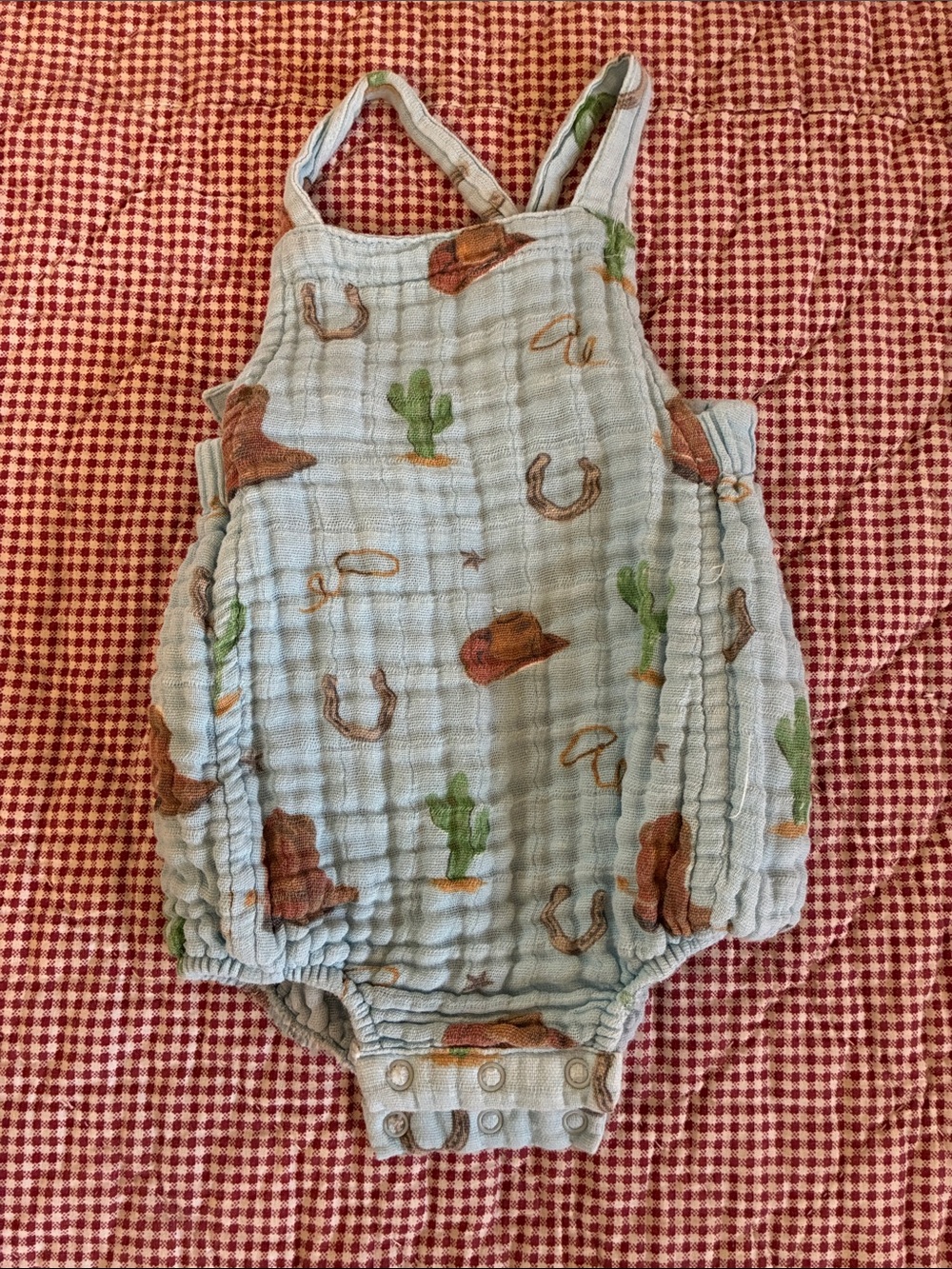 Angel Dear Light Blue Western Muslin Romper